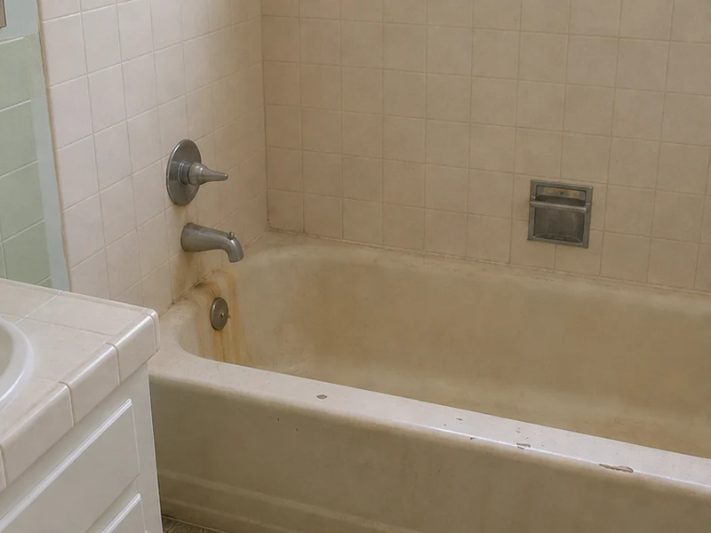 Worn almond cast-iron bathtub with rust stains in a Dana Estates home before reglazing, Concord, CA