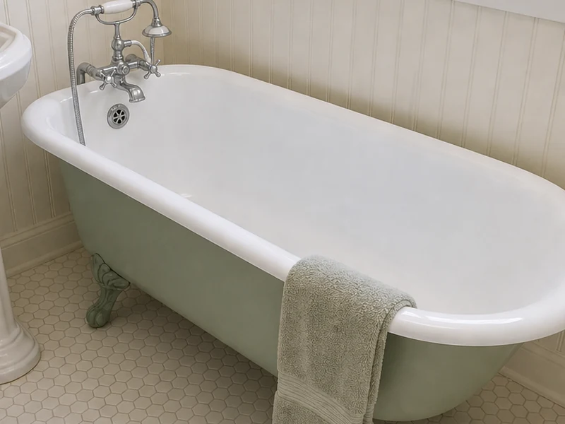 Same Concord clawfoot tub refinished to a glossy white interior with a sage exterior shell, CA