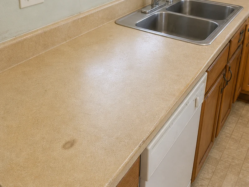 Dated tan laminate kitchen countertop with scratches and a burn mark in an Ygnacio Valley home before refinishing, Concord, CA