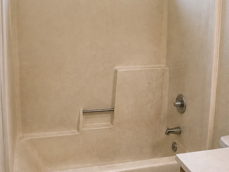 Chalky, crazed fiberglass tub with soap-scum stains in a Northgate home before refinishing, Concord, CA
