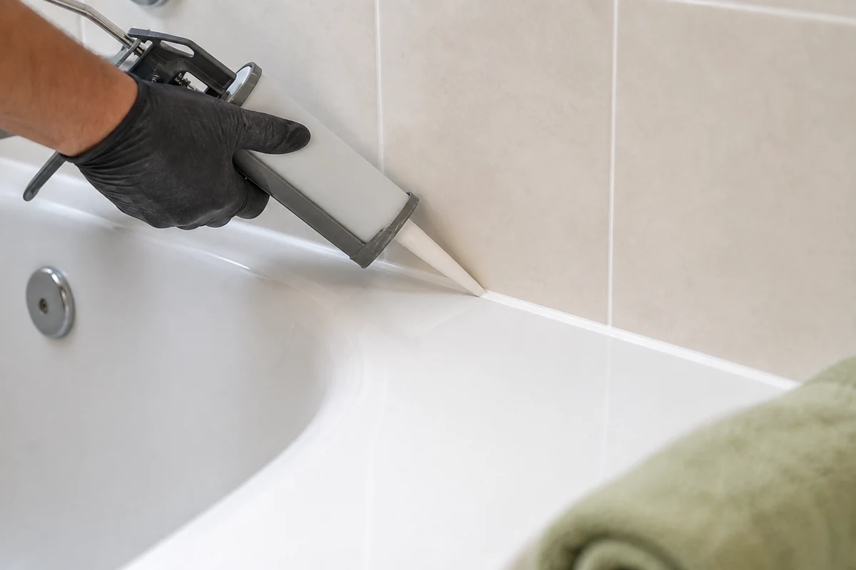 Gloved hand laying a fresh bead of white silicone caulk along a freshly reglazed glossy white tub in Concord