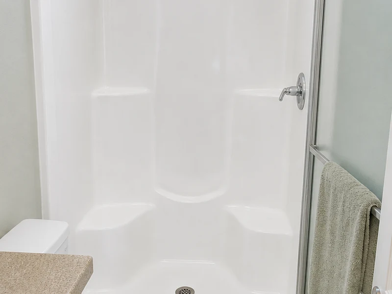 Same Northgate fiberglass shower stall refinished to clean glossy white, Concord, CA