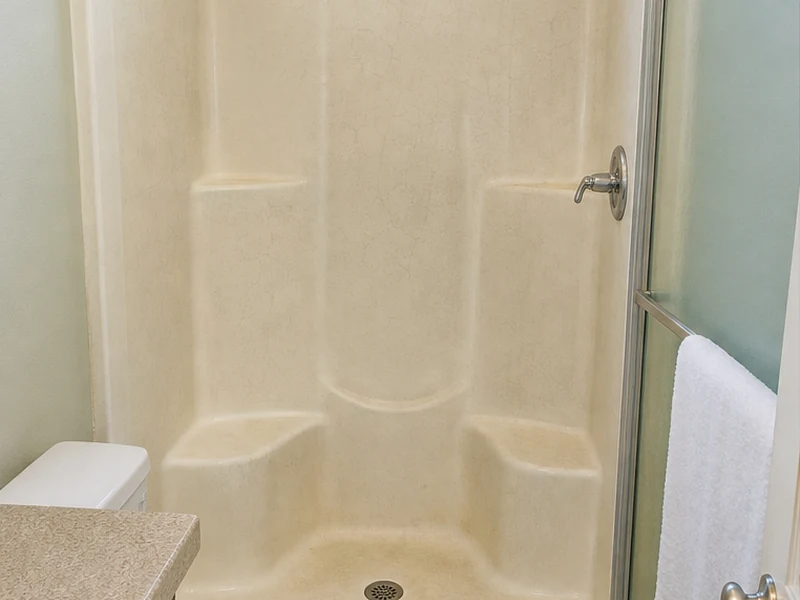 Faded fiberglass shower stall with soap-scum staining and crazing in a Northgate home before refinishing, Concord, CA
