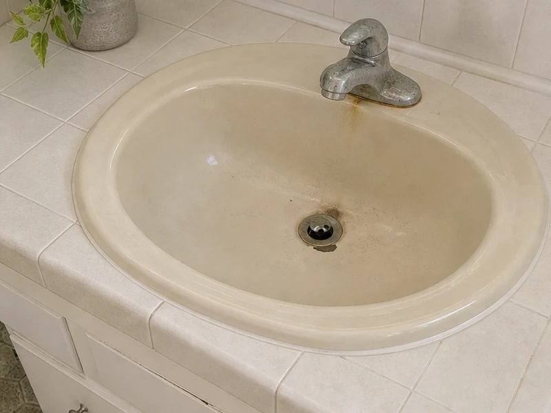 Dated almond porcelain bathroom sink with a chip and rust stain in a Sun Terrace home before reglazing, Concord, CA