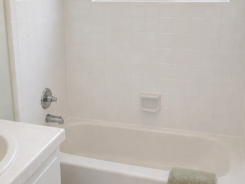 Same Clayton Valley tub-surround tile after reglazing to a clean soft-white finish, Concord, CA