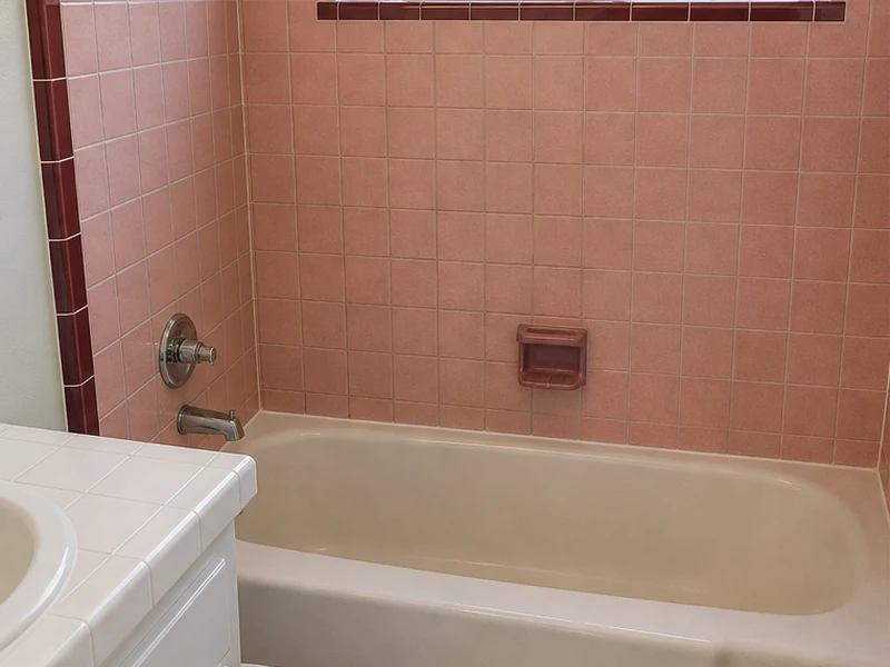Dated pink and maroon ceramic tile tub surround with darkened grout in a Clayton Valley home before reglazing, Concord, CA